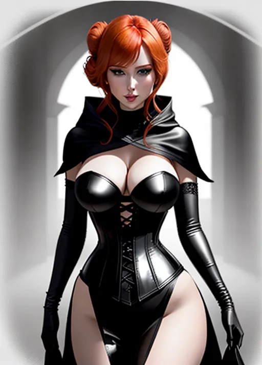 Sweet beautiful determined elegant auburn haired in a low hanging bun large wide sparkling round sapphire eyed Queen Anna of Arendelle based on Elizabeth Lail with a broad smile in black sexy leather and satin attire a front lacing corset with a full length cape its raised large hood obscuring her features in deep shadows as she lashes out with a woven leather whip against the back of a prisoner chained-up in a dark dungeon. hood up.
horror