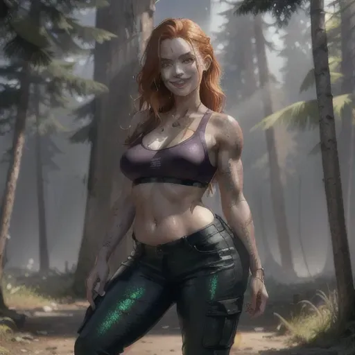 Cacis is a young, slightly plump, girl with a small chest and buttocks, long dark ginger unkempt hair, sparkling green eyes. She has various more or less deep scars all over her body. She has many bloody scars.
She wears a cargo loose black leather pants and a purple sport bra. She is barefoot. She smiles sadistically