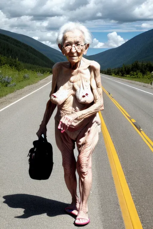 (great grandmother),(90 years old),(naked), hitchhiking
