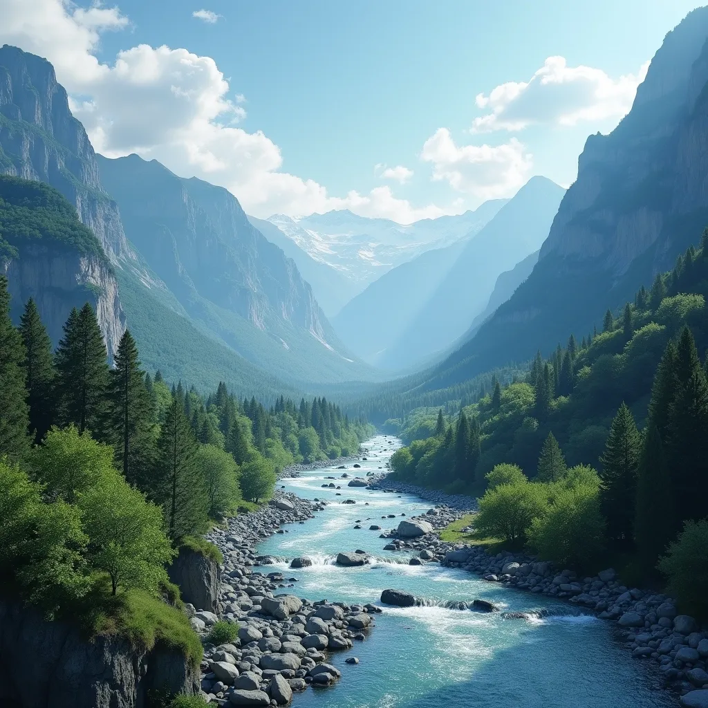 A beautiful landscape with a river and mountains