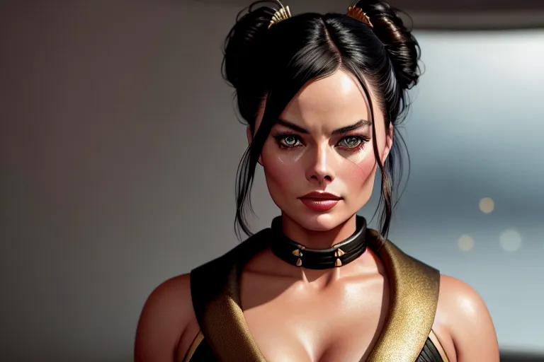 a color pencil draw of,margot robbie,wearing samurai clothes,squatting,in a dystopian future,five slender fingers,bangs hairstyle,gorgeous face,beautiful lips,curved eyebrows,textured skin,romantic,wearing golden ring,bokeh,editorial,artstation,smooth,sharp focus