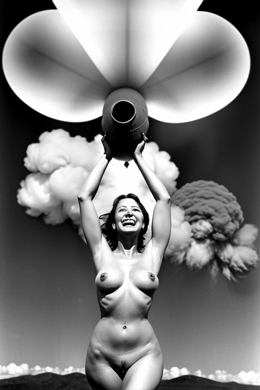 Naked happy woman with a nuclear bomb going off behind her.