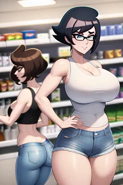 A photo of, Maddie Fenton from Danny Phantom, huge tits, huge ass, short hair, brown hair, in a white tank top, blue Jean shorts, in a grocery store