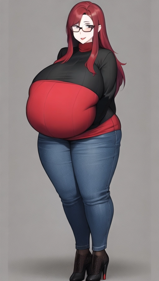 Dark red hair, sexy glasses,Sexy women ,big boobs,pregnant gigantic belly,<fat belly and fat boobs>,weight gain, weight gain big belly, <gigantic fat belly>,big fat belly ,huge soft belly , nylon Socks, black high heels boots, nude boobs, <lora:dpmg_pov_Big_fat_belly:1.4> ,