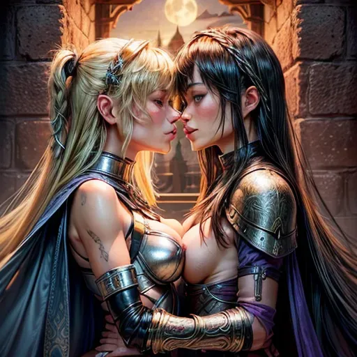 (Ultra realistic illustration:1.1), High fantasy setting, (portrait of blonde Olivia Wilde and blackhaired Bai Ling:1.2), wearing leather and metal armour, sexy clothes in blue and purple colours, long cape, (small breasts:1.2), cleavage, erect nipples, toned and slim body, abs, slender arms, narrow waist,
(very beautiful face:1.2), (very beautiful eyes:1.2), (Olivia Wilde is pressed against a wall:1.2) (her arms are restrained in chains above her head:1.2), (kissing passionately:1.4), (french kissing:1.2), (breasts groped:1.1), sexy pose, erotic smile, (holding dagger or sword:0.8), looking into each others eyes, nsfw, view from afar, (frame with face and upper body:1.2),
castle on a cliff in a forest by a lake, night, setting lit up by strong moon light,
two arms, two hands, five fingers, (detailed fingers:1.2), two legs, two feet, remove third hand, check eye configuration, (check hand congifuration:1.2),
<lora:dpmg_add_detail:1.2>, vivid colors, cinematic composition, artificial light, UHD, HDR, highest quality, highest resolution, (photorealist), (photorealism), (masterpiece:1.2)