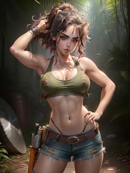 realistic HD photograph of, (((side full body profile)))(((mckayla maroney)))((accurate face)), (((As a Jungle Princess)))(((wearing ragged cropped tanktop)))(((wearing ripped cargo hotpants)))(((wearing utility belt with knife scabbard)))((freckled face)) ((((grabbing her breasts)))(((touching vagina)))(((masturbating)))), very sexy pose,(((perky breasts))), (((slender build))),(((sexy biting lower lip)))(((short messy hairstyle)))(((mischievous playful expression))), beautiful face, beautiful lips,detailed large eyes,curved eyebrows,cgsociety,cinematic lighting,studio lighting,professional,editorial,