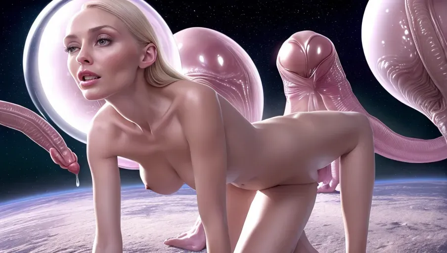 (professional photographer ensuring fully capture the scene and subjects bodies in crisp detail), (human white woman), (alien standing tall, full body, with his entire long large alienlike phallus sliding into her moist wet vagina), (in view, clear focus)), in (beyond belief accurate) masterpiece photograph),(k resolution, hdr), (captivating image of ravishing, gorgeous, slender, woman woman is in the throes of ecstasy, whole body sexual climax, woman large cushioned throne) having with (fantasy style alien being), (the alien male has dark toned skin with (phallic shaped alien alien penis))), the large erect organ coming from the aliens lower body, (masculine alien visibly penetrating her creamy, dripping, overflowing vagina) the woman is only capable of experiencing portion of the creatures large phallus, her vagina gripping and expanding around the large organs tip, side shot,view of large alien penis entering the woman vagina,