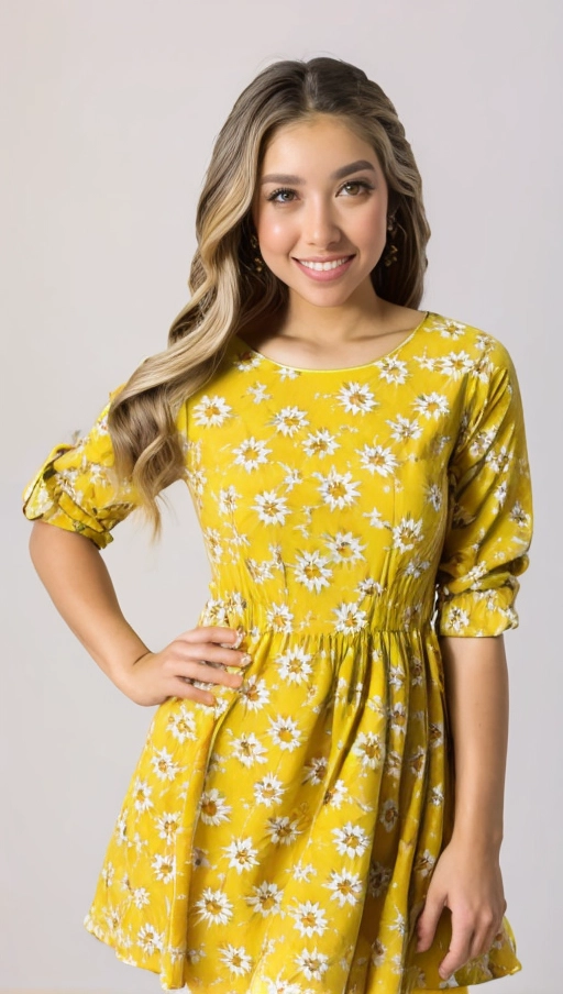 <lora:JlgblwOYz8w_Alyssa_2:1>, (((pretty with dark blonde hair with light skin)), (light makeup), (((wearing a yellow floral print dress))), (((photo of Alyssa Barrantes))), (((light brown eyes))), (((small light freckles))), (((only one head))), (((full body visible))), (((short woman proportions))), (((high waistline)))