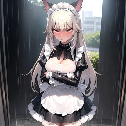 A cat girl, furry, anthropomorphic, in the rain, wet clothes, transparent clothes, transparent, frowning, wet, can see genitalia through clothes, can see breasts through clothes, embarrassed, accidental, maid outfit, pov
