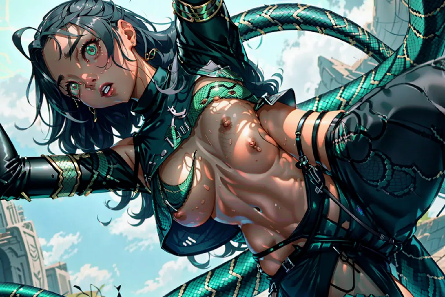 a concept art wide shot of (Olivia Wilde)(completely accurate face)(glaring eyes)(Sinister expression), (as a Yuanti)(skin is snakeskin)(Eldritch),<lora:dpmg_upshirt:1><lora:dpmg_crazy_expression:1>, full body, On a Bayou,(wearing leather snake scale armor)(Runic Sword)(green snake eyes)(fangs),(skinny slender athletic physique)(wind swept)(long wispy hair tendrils sides),(Dancing pose with hands in the air)(very tiny perky breasts), five slender fingers,beautiful face,beautiful lips,detailed large eyes,curved eyebrows,cgsociety,natural lighting,professional,editorial, (oily skin glistening)(bokeh)(in the style of Bordelands)