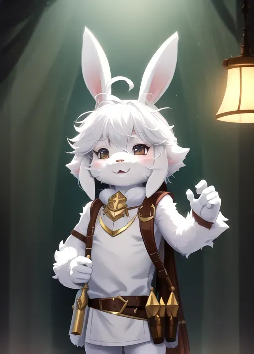 (small male furry white bunny), adventurer gear, artstation, (((deviantart))), (((((sfw))))), lighting, hammer
