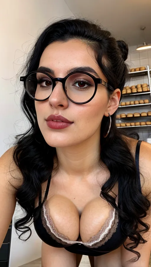 18 years old bakery shop lady, black curly hair in a bun, full lips, black metal frame round gasses on peak of nose, beautiful dark shining eyes, defined cheeks, defined jaw, small, (thin chest), shy smile, nice teeth, high front angle camera view, on all fours, flour, (((beautiful A-Cup breasts))), open mouth, looking into camera