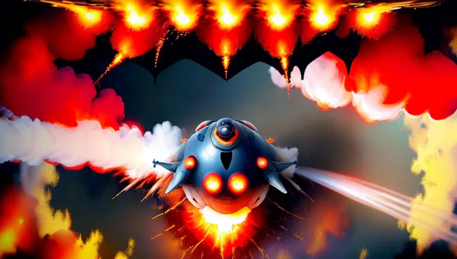 Daytime, ufo alien spacecraft crashes into water, Explosion of fire underwater, realistic painting style, ((top view shot from on top of hill))