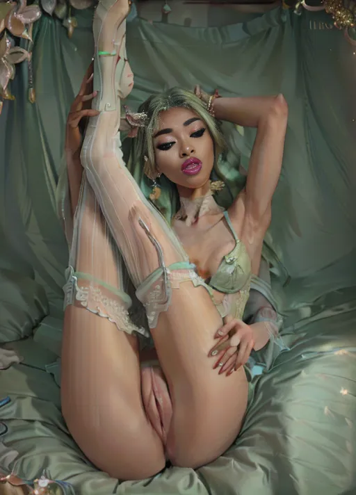 (Masterpiece) 8k resolution, hyper photo realistic, photo of Nyane,
beautiful detailed face, ((skinny)),
((slim body)), ((small breast)),
Milk Chocolate complexion, sexy, long lashes,
Long flowing Mint green hair with glitter, detailed lace lingerie,
perfect lighting, eyes closed, tongue out, legs up, vibrant aesthetics, boudoir background, <lora:dpmg_legs_up:1> <lora:realistic_pussy:1>