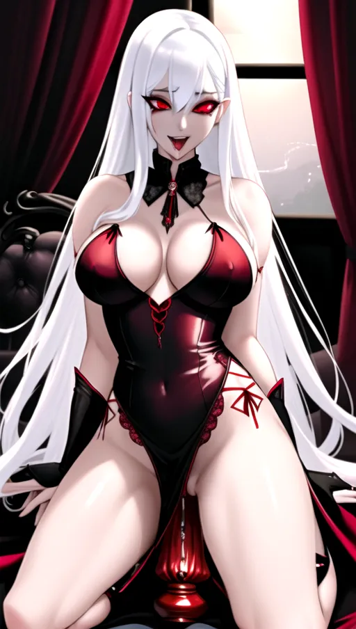 nsfw, a 8k high detail, full body photo of, detailed background, vampire, mature, extremely beautiful, silky white hair, glowing red eyes, detailed face, long slender legs, medium breasts, red lingerie, cleavage, kneeling, <lora:dpmg_riding_dildo:1>, slender dildo, orgasm face, pussy dripping, ahegao