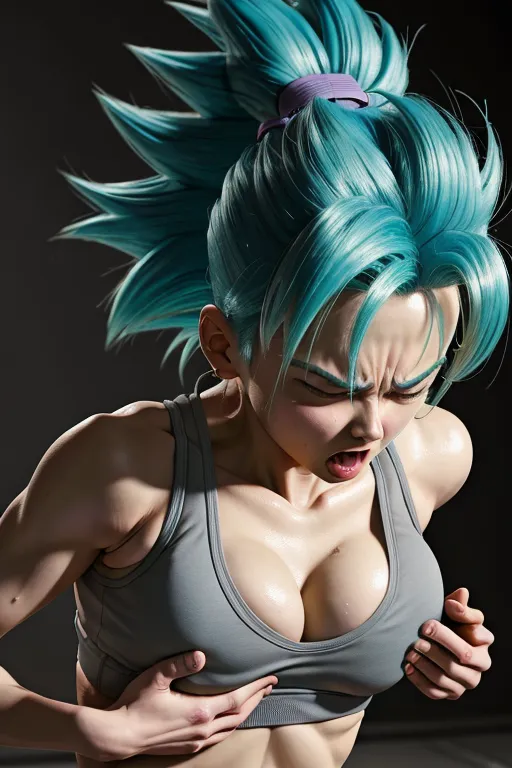 Bulma from Dragon Ball getting fucked by an alien monster, torn grey sports bra, slender body, furrowed brow, grabbing, breast fondling, rough sex, vaginal sex, squirting cum,