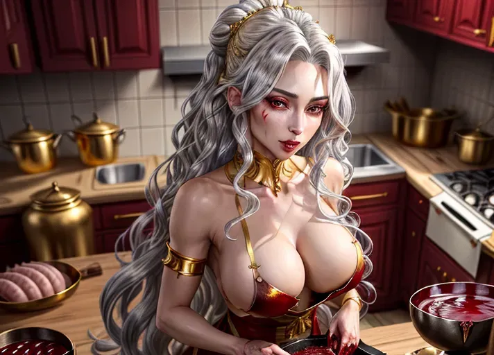 1 beautiful woman, long wavy silver hair with gold highlights, anthro vampire, (she wears only an apron), small breast, breast exposed, blood drops on her chest, beautiful face, she stands in a kitchen in front of a table, there are blood bowls on the table, she is making blood sausages with her hands, <lora:dpmg_add_detail:1>, best quality, professional, masterpiece