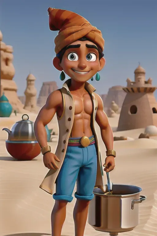 A digital picture of a tanned, arab teen boy, wearing a turban, and an aladdin costume, showing chest and barefoot, cooking stew in a metal pot in the desert while sporting a lewd grin
