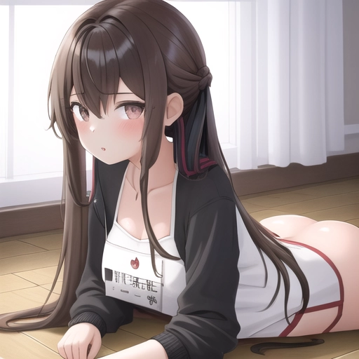 A picture, 1girl, 18yo girl, long brown haired, hot, sexy pose on floor, <lora:pet_shaming:1>