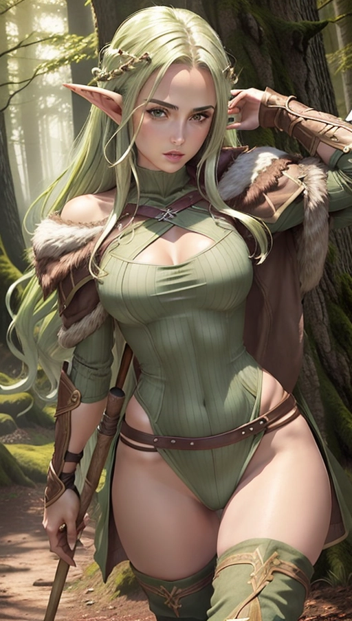 ((rpg fur armor)), ((skimpy)), ((tight clothes)), (small breasts), (adventurer), fantasy, dark brunette hair, ear piercing, ((wood elf)), (((extreme detail))), (very realistic lighting), ((night)), dark green eyes, Realistic lips, (((realistic anatomy))), woman, outside, (HDR), (((nature))), (druid class), ((64k)), (High detail), (hyper realistic), ((wielding wooden staff)), (UHD), (((slight light green tint to skin)))