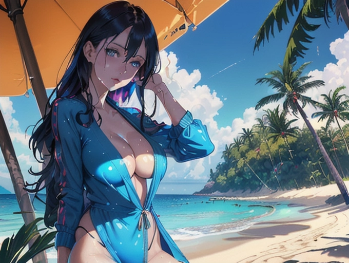 24yo girl, dark hair, blue eyes, wearing a colorful bikini, pretty face, sexy body, big butt, large breasts, timidly posing for photo, on the beach, under a palm tree, wet body, cabana in the background,
(outfit:1.6), 8k, nice (breasts:.4), dynamic scene, digital photo, simple background,
(dark-colored hair, horny face, bites lips, look at the camera, blue-colored eyes, pale skin that glistens in the sun), (beautiful detailed eyes, symmetrical eyes), dramatic lighting, (photorealism), (photorealistic), (8kRAW photomasterpiece), High detail RAW color photo, a professional photorealistic, (highest quality), (best shadow), (best illustration), ultra high resolution, highly detailed CG unified 8K wallpapers, physics-based rendering, photo,realistic, realism, high contrast, hyperrealism, photography, f1 6 lens, rich colors, hyper-realistic lifelike texture, cinestill 800,
in chair,