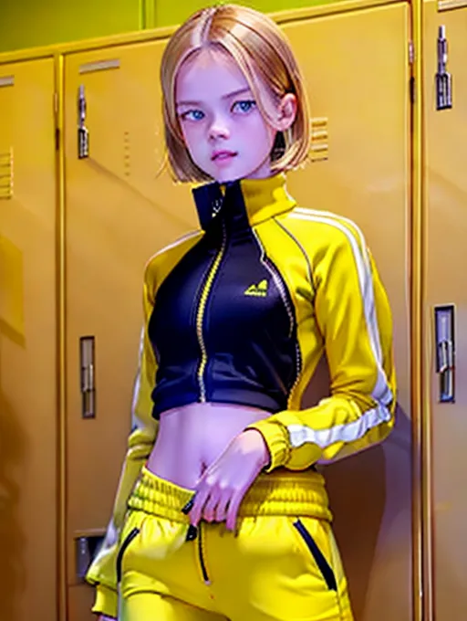 realistic HD photograph ((wide shot)), (((angourie rice))) ((((accurate face)))),(((in a locker room)))(((wearing unzipped yellow tracksuit with black trim)))(((topless))),((very sexy pose)),(((small perky breasts))),(((slender body)))((evil smirking)), (((messy haircut))), five slender fingers, beautiful face, beautiful lips,detailed large eyes,curved eyebrows,cgsociety,cinematic lighting,studio lighting,professional,editorial,<lora:dpmg_fingering:1.5>