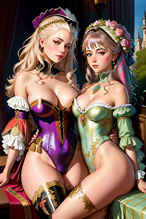 Colour painting of a Young Marie Antoinette and Gabrielle de Polignac, wearing elaborate leotard-style garments with puffy sleeves, embracing, highly detailed, detailed breasts, extremely detailed vagina, professional, legs spread, flowers and villa in the background, intricate motifs, organic tracery, perfect composition, warm dreamy tones, digital painting, artstation, concept art, smooth, sharp focus, illustration, Carne Griffiths, pixar, Michael Garmash, Frank Frazetta, Victo ngai, Jean Baptiste Monge, shiny aura