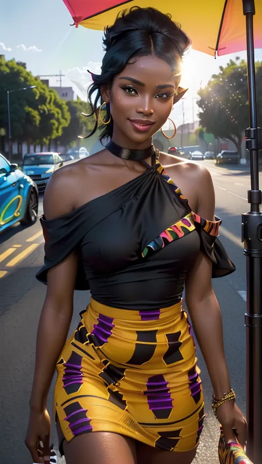 A professional photograph, (a beautiful hot black woman (19) is walking with her leashed panther during a hot morning in a modern African city, African haircut, (in a sexy African (colourful:1.5) dress with (((broad shoulder))) and neckline), sunshade, (smile:1.2), beautiful face, beautiful grey eyes, highly detailed, perfect small breast, perfect hands, ((close-up)), (glistening with sweat:1.1), vivid colours, bokeh, cinematic lighting, cinematic composition, 32k, HDR, highest quality, highest resolution, (photorealist:1.72),(photorealism:1.72), (masterpiece:1.18), --s 750 --v 5.2