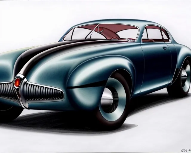 A rendering in airbrush, marker, and colored pencil, of a sleek sedan concept car styled after cars of the 1940's