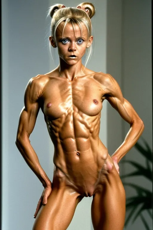 A very fit and skinny 18 year old naked Linnea Quigley, look of pain on her face, pushing her abs out, very low body fat, extremely lean body, perfect body, showing her vagina, standing in a hot fuck palace, fully nude, fully tanned, hair bun, spreading her legs, perfectly shaped breast, blue eyes