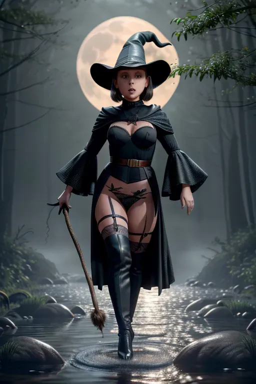 8k, high Quality, high detail ,high resolution, detailed face, detailed outfit, detailed legs, big boobs,full body, looking at the camera, ((Millie bobby brown in a witch outfit)), garter belt, (( walking on water)), close mounth, long curly hair,