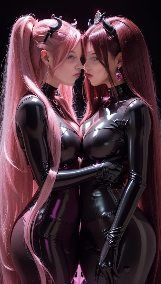 best quality, (((ultra high res))), (((detailed face and eyes))), ((perfect face)), (big shining heart choker), earrings, jewelry, (conjuring), witch, ((very long voluminous hair)), ((((Bordeaux hair)))), ((((black skintight neckholder)))), ((((pink lipstick)))), ((black long sleeves)), ((glowing heart)), (((demon mark))), ((((straight hair)))), (((Kylie Jenner))), (((((very very long Bordeaux hair))))), (((perfect face and eyes))), (((straight hair))), ((black leggings)), ((black latex suit)), ((succubus)), demon horns , (((huge cameltoe))), black gloves, dark background, (((strands))), (((pink glowing lines))), ((((demon)))), (((diamond diadem crown))), (((pink diamonds))), ((((2 girls kissing)))), (((Bordeaux hair))), (((dark hair))), (((latex)))