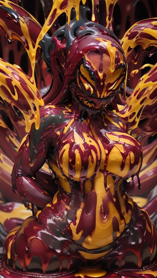 ((Burgundy red and yellow symbiote goo girl)), ((hair-raising symbiote)), ((burgundy red and yellow symbiote goo)), (((burgundy red long hair with yellow strands))), ((red and yellow symbiote goo suit)), (yellow strands), (((symbiote goo face))), (((((symbiote goo hair))), ((((symbiote goo face transformation)))), ((((burgundy red and yellow symbiote goo body)))), (((female venom symbiote face)))