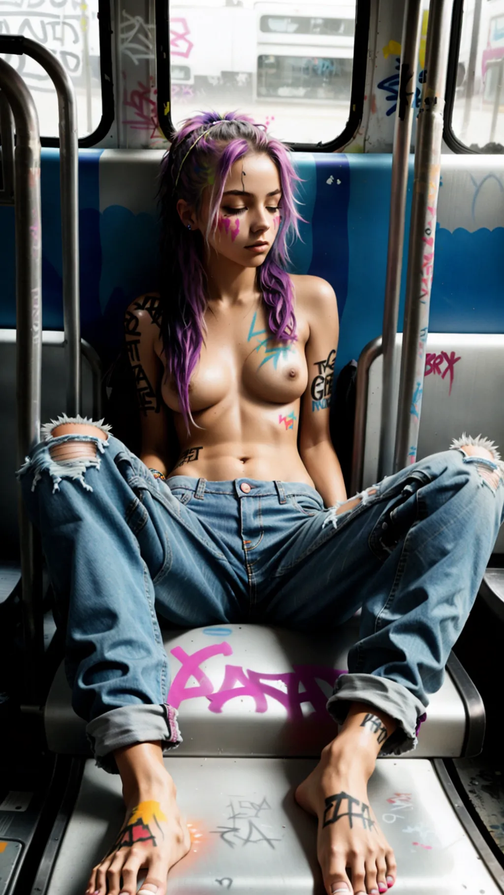 full-body image of a fit toned hot topless barefoot punk girl with long hair wearing baggy jeans while sitting on a bus asleep with graffiti paint on her breasts and graffiti paint on her feet, facing away from viewer, sexy feet, barefoot, graffiti paint on feet,