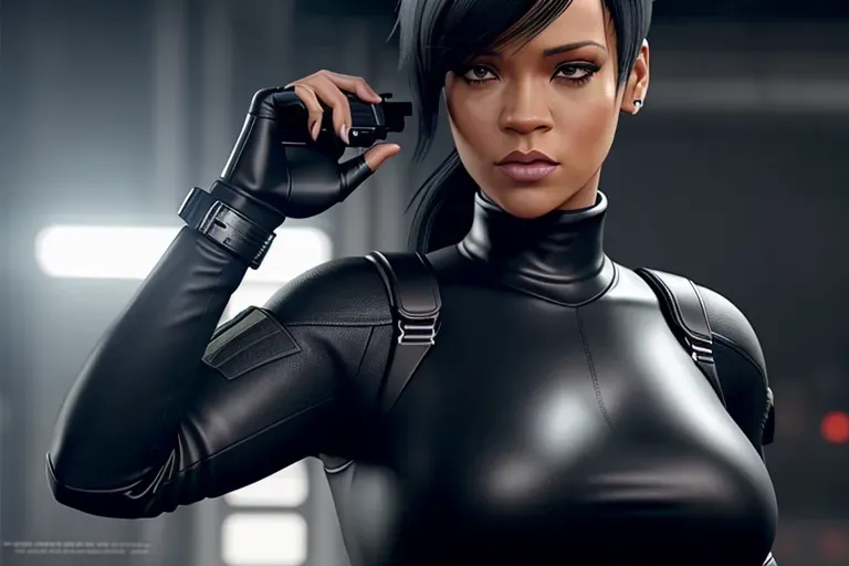 a concept art of, Rihanna, confident, in resident evil, in black tactical pants, black military armor, gun holsters, combat boots, five fingers per hand,ponytail,bangs,strong pose,charming face,beautiful lips, deep eyes,curved eyebrows,textured skin,cgsociety,8k,unreal engine,highly detailed,artstation, deviantart, cinematic, sharp image, centered, medium close up, 8k,studio lighting, head in frame, long neck, entire head in frame,hyper-realistic