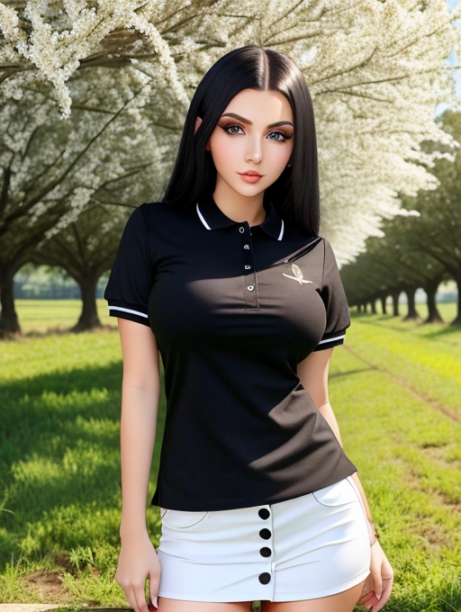 Gorgeous young Eastern European woman, photo cute attractive young face, big wide doe eyes, light colored eyes, big bimbo lips, raven-black hair, sexy, slim waist, thin, extremely busty, farm outfit, polo shirt with 3 top buttons, photorealistic, best quality, ultra high resolution