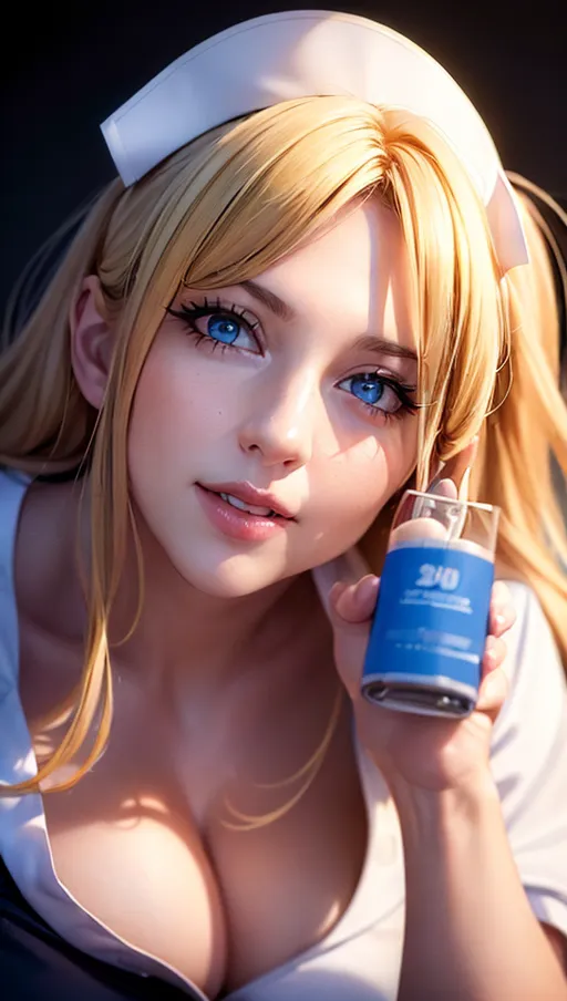 A professional photograph, a beautiful nurse (30) is ((bending over the viewer)) ((with a syringe in her hand)), she wears a long large nurse outfit with neckline, blonde intricate hair, ((smile:1.2)), beautiful face, beautiful blue eyes, highly detailed, huge breast, perfect hands, nurse hat, vivid colours, cinematic lighting, cinematic composition, UHD, HDR, highest quality, highest resolution, (photorealist:1.72),(photorealism:1.72), (masterpiece:1.18), --s 750 --v 5.2