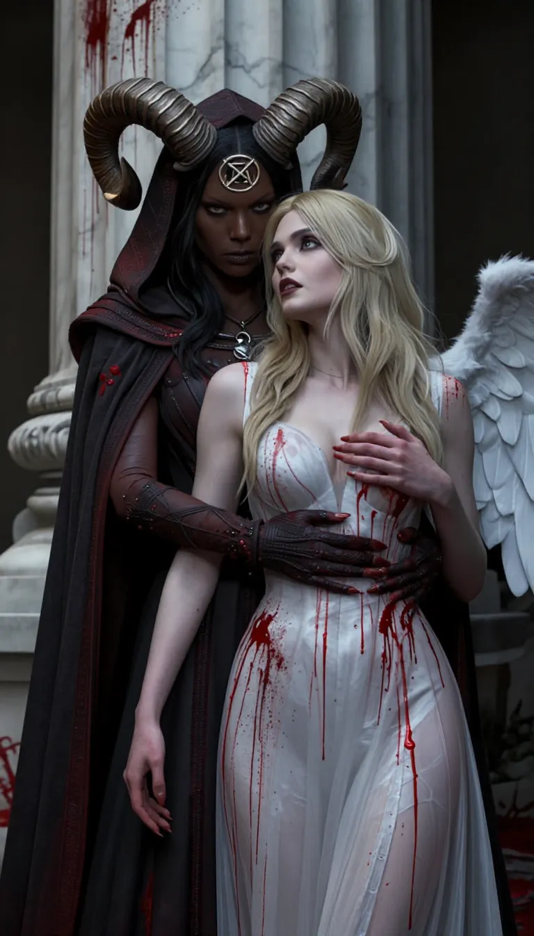 This is a highly detailed, digital CGI artwork depicting two women in a dark, gothic setting. The woman on the left has dark skin, black hair, and is wearing a blood-stained hooded cloak with ram horns and a pentagram on her forehead. She embraces the woman on the right, who has fair skin, blonde hair, and is dressed in a blood-stained, white, winged dress. The blonde woman has a serene expression, while the dark-skinned woman looks intense. Blood drips from their hands and clothes, adding a macabre touch. The background features a marble column with blood splatters. The image has a realistic, photorealistic style, with a dark, ominous atmosphere..