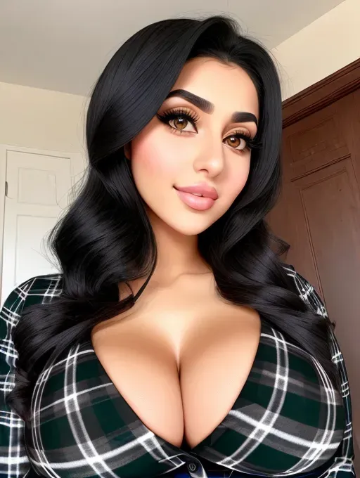 Gorgeous young Arab woman, photo cute attractive young face, large wide doe eyes, light colored eyes, big bimbo lips, huge gigantic boobs, (gigantic tits), raven-black hair, sexy, thin, slim waist, tight flannel shirt, photorealistic, best quality, ultra high resolution