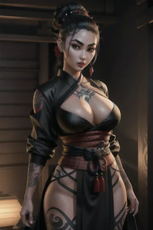 a photo shot of,spider girl,wearing samurai clothes,standing,big breasts,five slender fingers,updo hair,charming face,beautiful lips,black eyes,curved eyebrows,joyful,tattoo,surreal,ultra realistic,sharp focus,smooth,unreal engine
