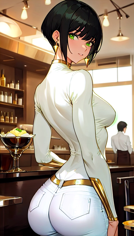 1 woman, black hair, green eyes, white shirt, gold earrings, short hair, looking behind, looking over shoulder, skintight white jeans, fancy restaurant