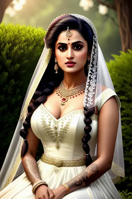 a digital art of,Taapsee Pannu,wearing wedding dress,sitting on bent knees,in the garden,big breasts,five fingers per hand,braids hair,charming face,beautiful lips,detailed large eyes,curved eyebrows,curved eyelid,pale skin,satisfaction,tattoo,unreal engine,editorial,cinematic lighting,ultra realistic,highly detailed