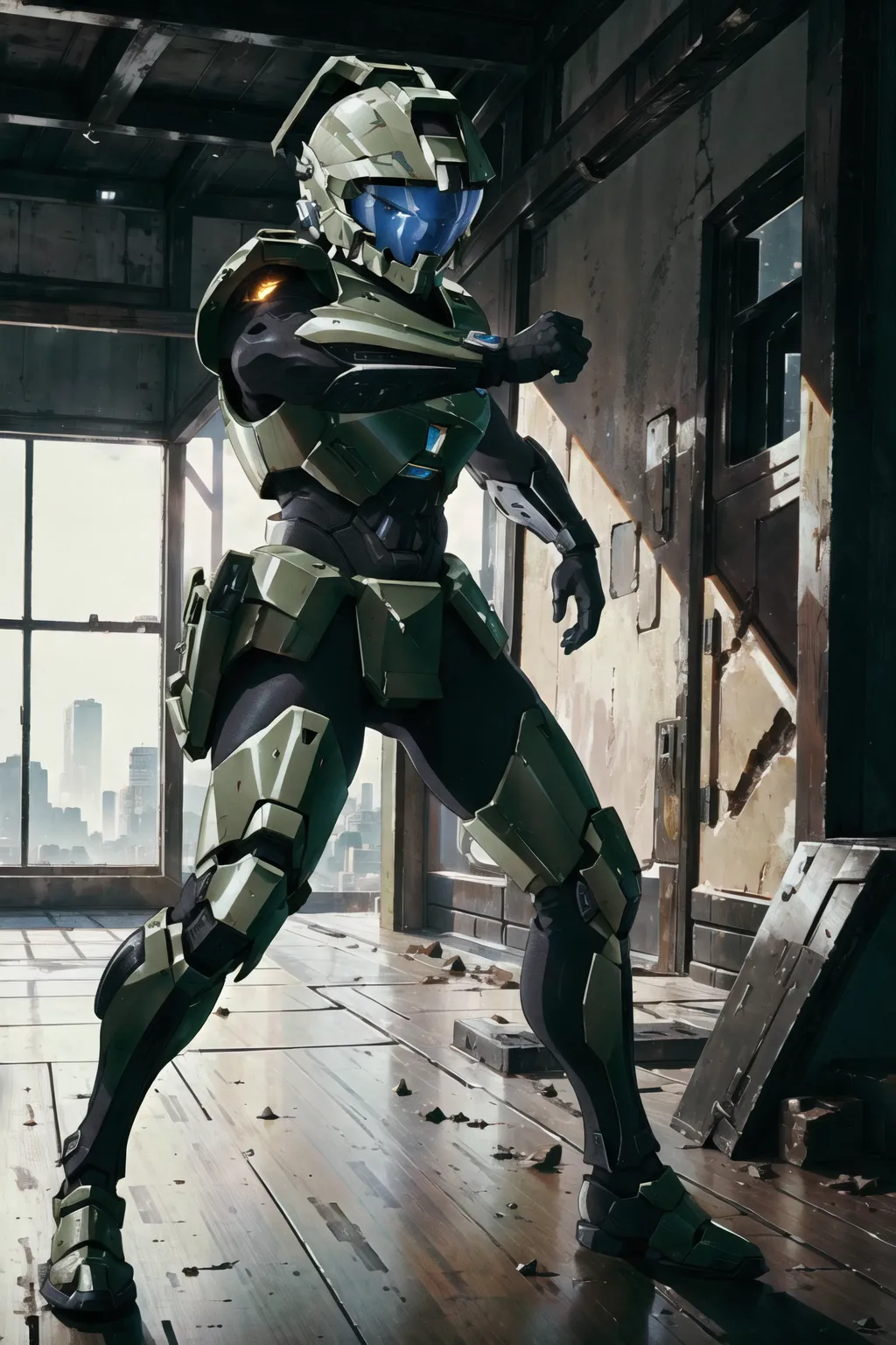 ((masterpiece)), halo spartan, helmet on, best quality, in a battlefield, action pose, fighting, <lora:dpmg_ghibli_style:0.92>