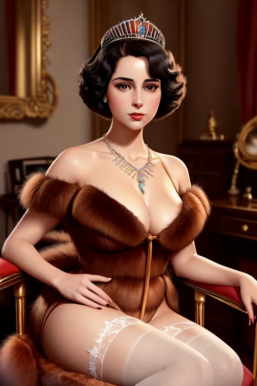 a colour painting of, a ((full length)) young Queen Elizabeth II,((show full body and legs)), wearing lingerie (((with a fur coat over her shoulders))), (((visible cameltoe)))wearing necklace and tiara, seated (((in on a chair in her bedroom))), ,five slender fingers, gorgeous face,beautiful lips, long sexy legs, ((short dark hair)) detailed large eyes,curved eyebrows,pale skin,cosy.
artstation,bokeh,8k,cgsociety,editorial