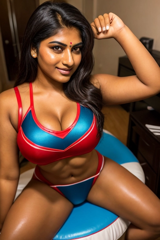 professional realistic full body shot photo of a 20 years old thick indian teen having a horny look on face wearing a cheer leader costume,
tanned skin,
detailed face,
realistic face,
deep cleavage,
slightly bending knees,
five fingers per hand,
showing thighs and knees,