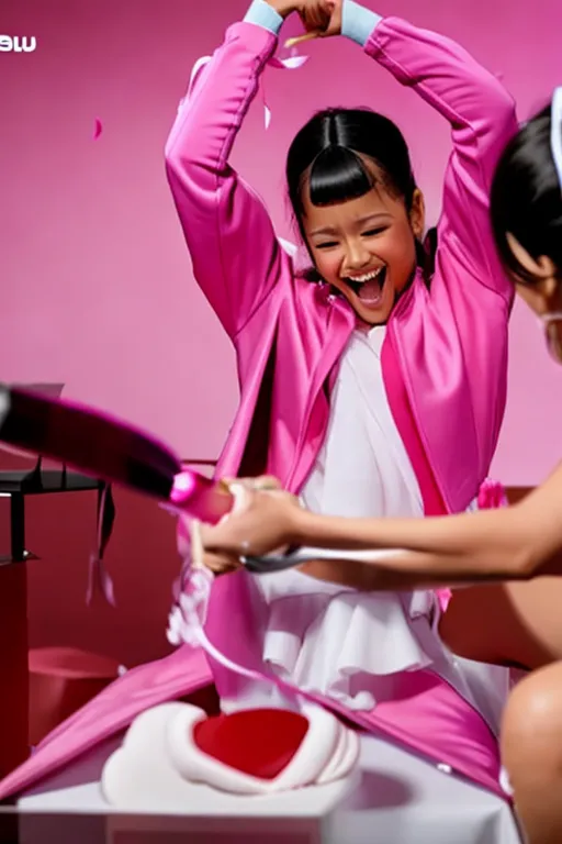 a hyper-realistic jenna ortega with a laughing face , getting tickled by a pink feather accurately as the scene depicted in the inspiration