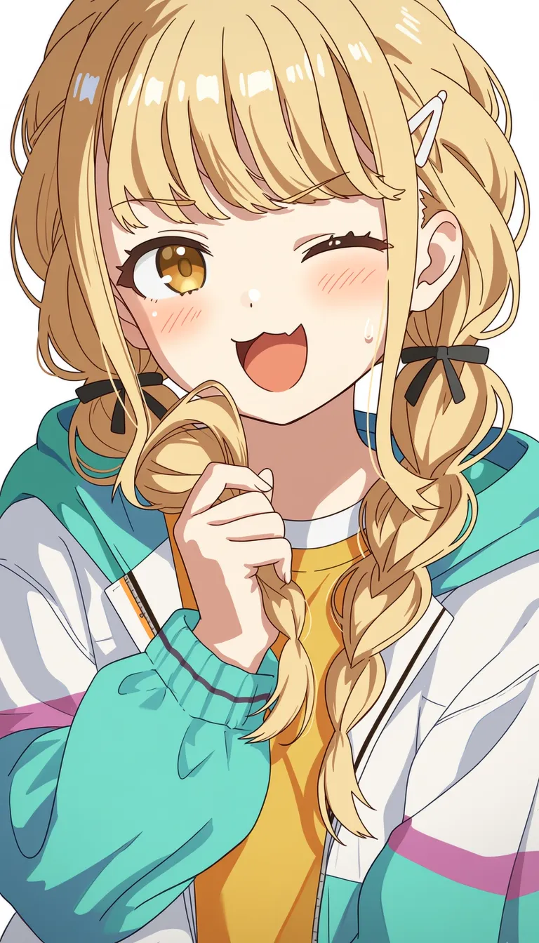 best quality, score_7, score_9, sensitive, very aesthetic, ultra detailed, fair skin, explicit, high contrast, 1girl, fujita kotone,
blonde long hair, blush, braid, dot nose, holding own hair, skin fang, sweatdrop, v-shaped eyebrows, yellow eyes, hood down, hooded multicolored jacket, long sleeves, twin braids, looking at viewer, open mouth, solo, upper body, low twin braids, hooded jacket, grabbing own hair, fang, blonde hair, hand up, black ribbon, hair ornament, smile, :3, hair ribbon, ribbon, jacket, one eye closed, hairclip, multicolored clothes,
The scene features a single, cheerful anime-style girl with long, wavy blonde hair styled into two thick braids. She has one eye closed in a wink and the other open, revealing warm brown eyes. Her expression is joyful and playful as she holds a small section of her own hair between her fingers.