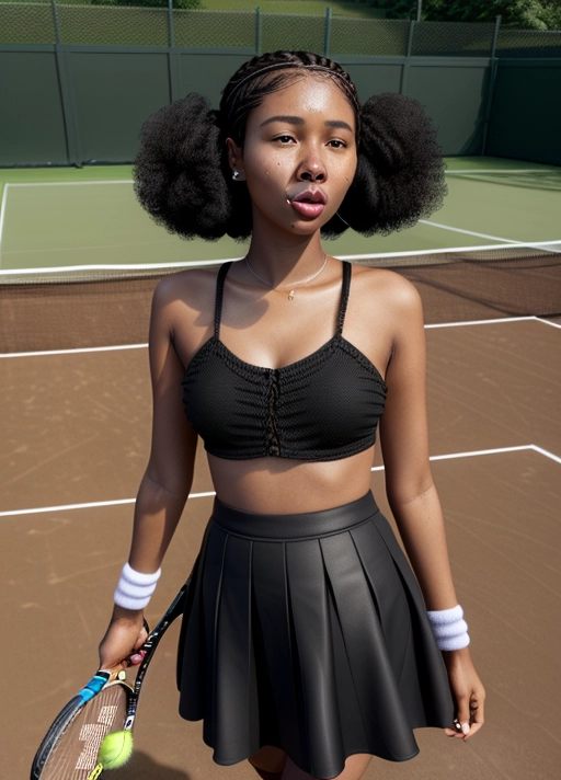 nude woman 19, smaller than average breast size, big ass, black hair, perfect vagina, african american, ((practicing tennis)), on tennis court, (maroone tennis skirt outfit), (((darkest complexion known to man))), arms bend correctly as a human, mixed race, interracial Black American mixed with Han Chinese, from Beijing, ((inherit the darker skin)), melanization, inherit broad nose, wide nose, slightly kinky, extra curly hair, fuller lips, slightly wider mouth, unique braided hair style