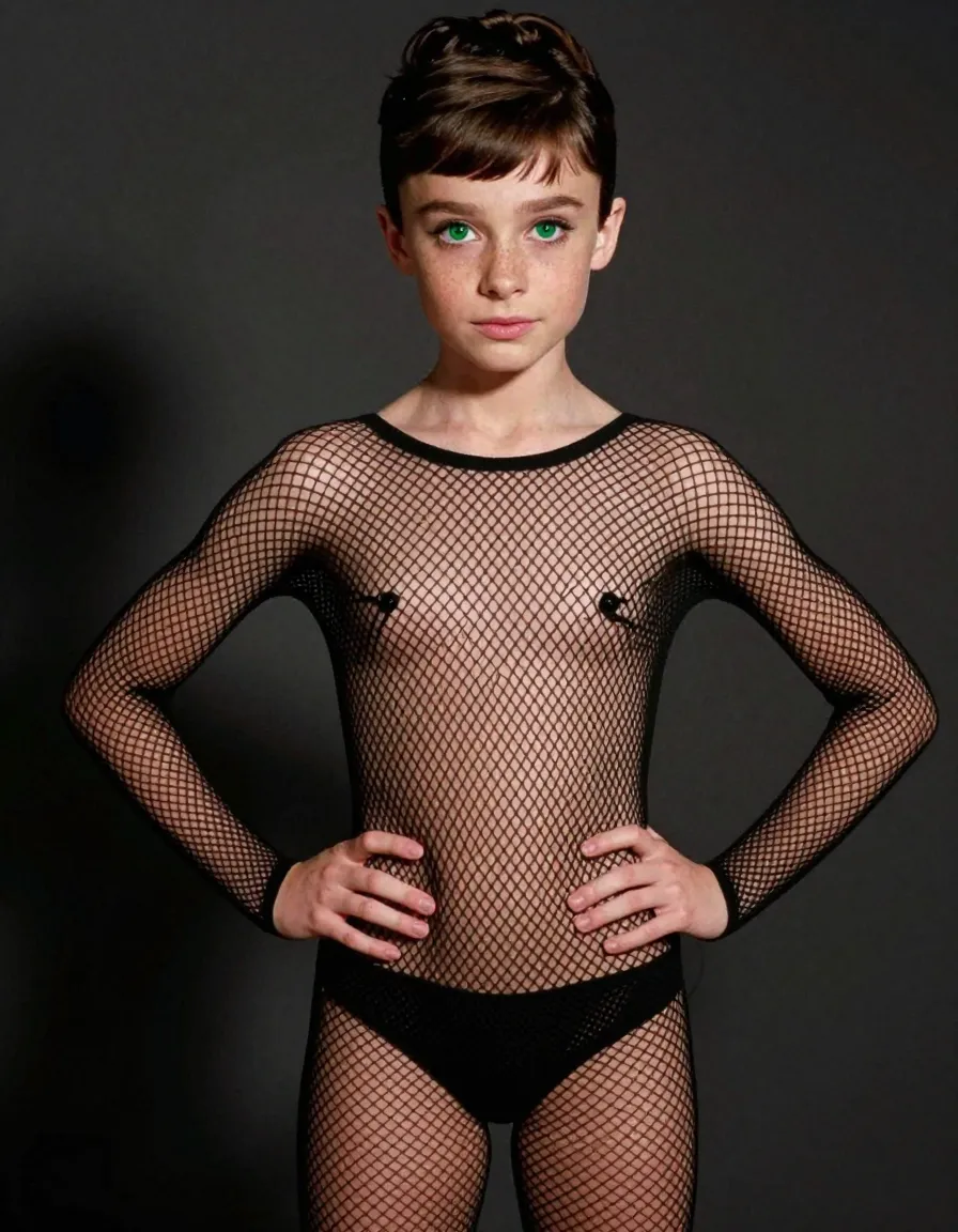 ONE girl, 13 years old, with light, freckled skin, uncommonly bright green eyes, and delicate, aristocratic features like those of a young Audrey Hepburn. Wearing a black, full-body fishnet suit that's far too revealing for her age, leaving little to the imagination. The suit is tacky and cheap, with strings holding it together at various points. She has barely begun to show any signs of puberty, her small breasts andundeveloped body visible through the mesh. hands are casually placed on her hips, posing confidently in a way that's almost comically out of place for her age. Image is supposed to look like a leaked photo from a seedy modeling agency, shot in a dimly lit studio with harsh lighting and a grainy, low-quality texture.
