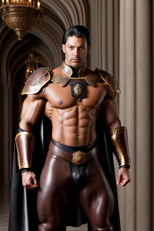 A professional photograph of a tall and very muscular latino prince
model has short dark hair and dark bronze skin
model has a bodybuilder physique
model is wearing black leather pants and medieval nobleman attire
model is wearing an elaborate cape
background is an arabian castle interior
<lora:dpmg_add_detail:1>